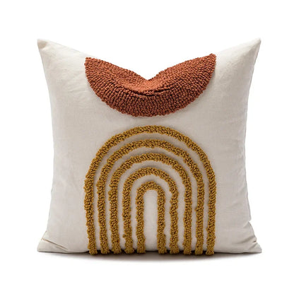 Decorative pillow with brown and gold embroidered patterns on a white background Nordic blue tufted cushion cover with geometric stripe and grid crochet pattern, tassel pillow cover for sofa, bed, and boho home decor