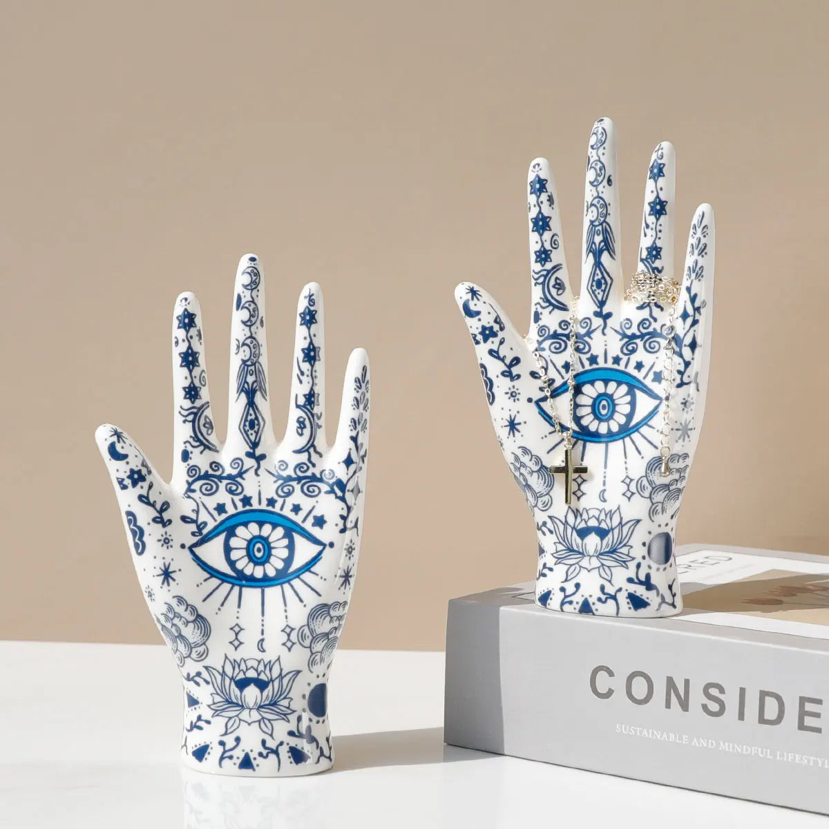 Ceramic Evil Eye Hand Jewelry Holder – Boho Display Stand for Rings, Bracelets & Necklaces