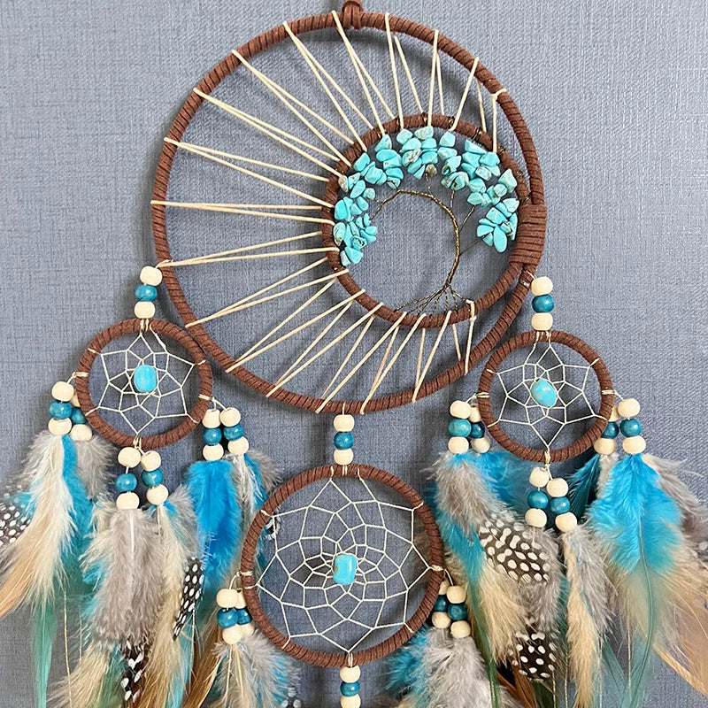 Dreamcatcher Hanging Ornament Home Decor Natural Stones Tree of Life Dream Feather Dream Catcher Wall Decor Bedroom Feathers