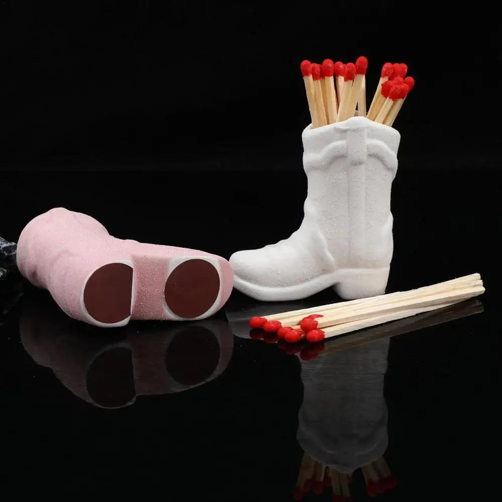 Ceramic Match Holder With Striker Cowboy Boot Shaped Boho Style Jar Fireplace Home Decor Container