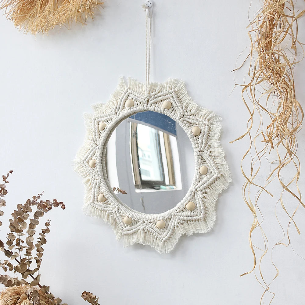 Wall Circle Mirror Macrame Boho Home Decor Mirrors for Bedroom Baby Room Decoration Nursery Sun Star Shaped