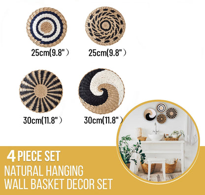 Straw Woven Wall Decoration Boho Rattan Wall Basket Decor Round Grass Weaving Ornament Rustic Seagrass Flat Hoom Hanging Crafts Fruit Bowl Wall Art for Boho Home Decor