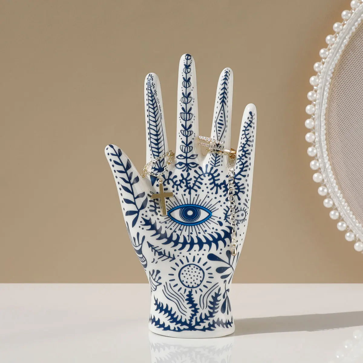 Ceramic Evil Eye Hand Jewelry Holder – Boho Display Stand for Rings, Bracelets & Necklaces