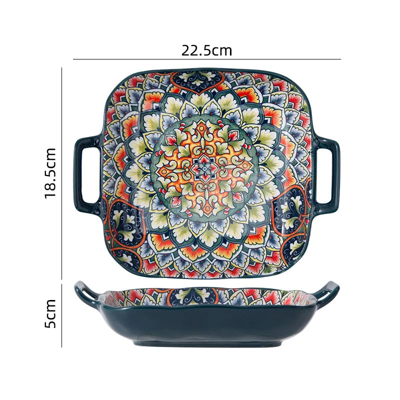 Boho Floral Green Ceramic Plate or Bowl – Retro Dinnerware for Breakfast, Salad, or Soup