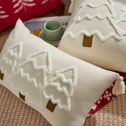Decorative pillows with gingerbread house designs on a textured surface. tufted Christmas pillow cover with tassels, decorative festive cushion case for sofa or bed in 12x20 or 18x18 inches.