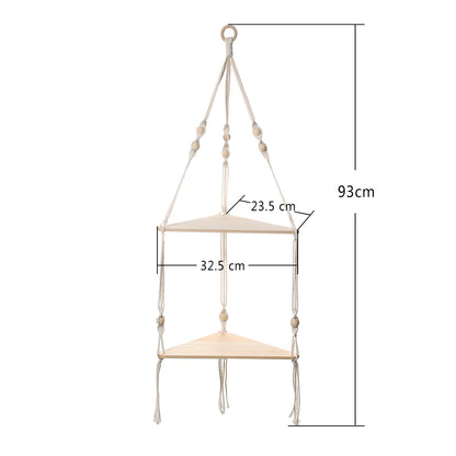 Boho Macrame Hanging Wooden Shelf – Handcrafted Floating Wall Shelf for Home Decor