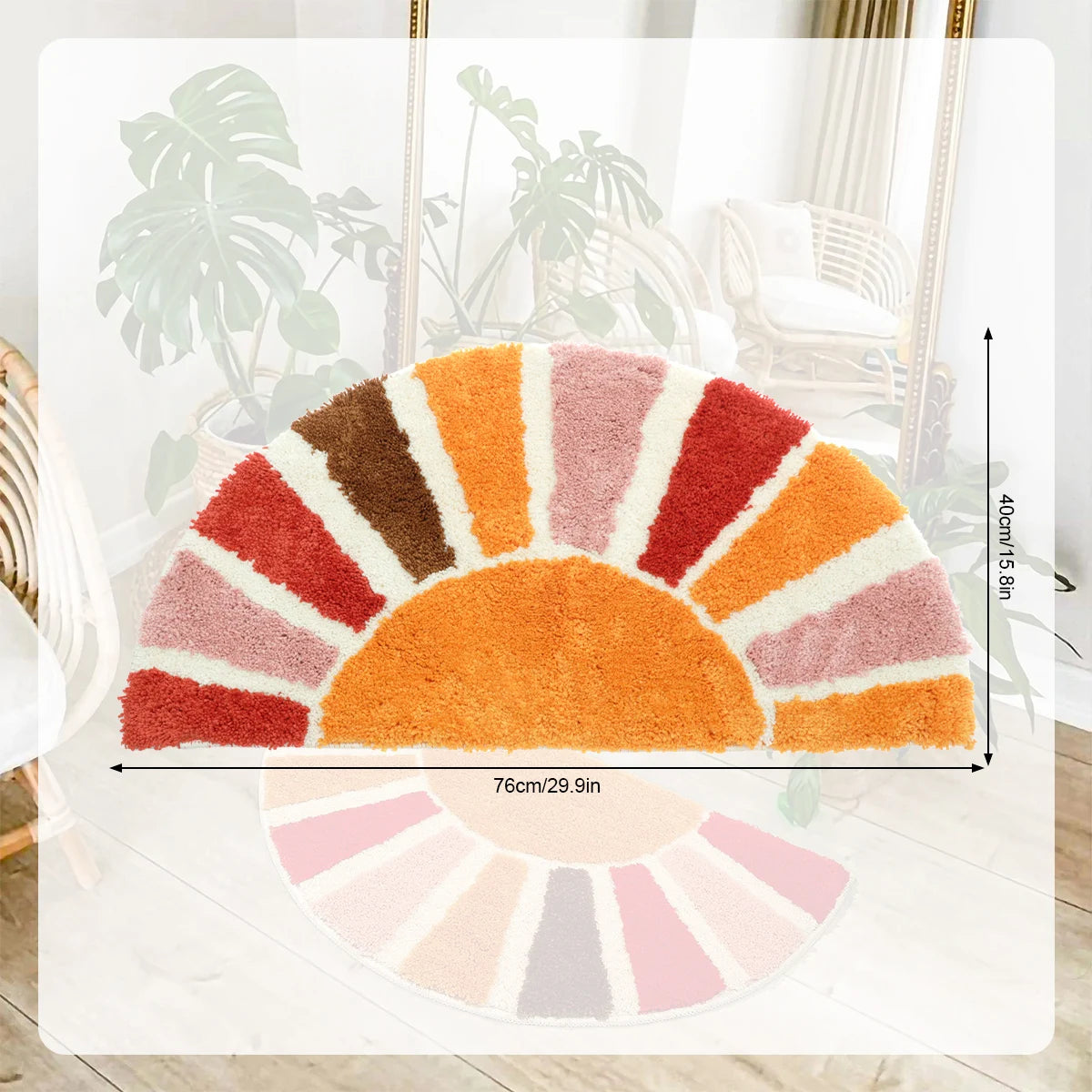 Color swatch rug with a sun design on a white background boho home decor, sunflower door mat, half circle rug, plush entry mat, non-slip bath mat, boho floor mat, floral floor rug, bathroom rug, farmhouse decor, cozy home gift, housewarming gift, living room mat, pastel home accents, cute doormat