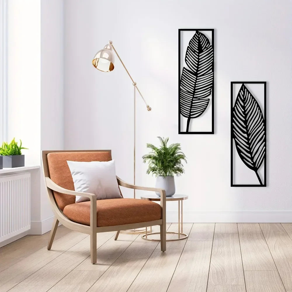 Decorative Leaves Metal Wall Art Set of 2 / 1Pc Surfboard for Home Wall Decor Black Metal Hanging Leaf Boho