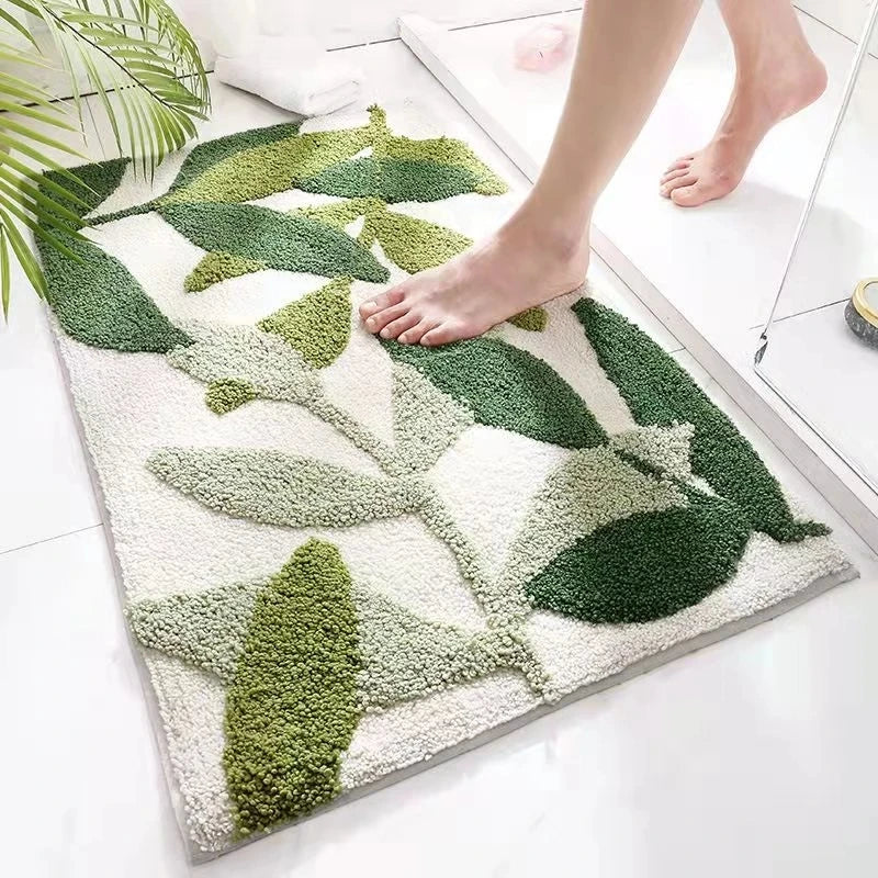 Soft Leaf Print Bath Mat – Non-Slip & Quick-Drying Absorbent Bathroom Rug