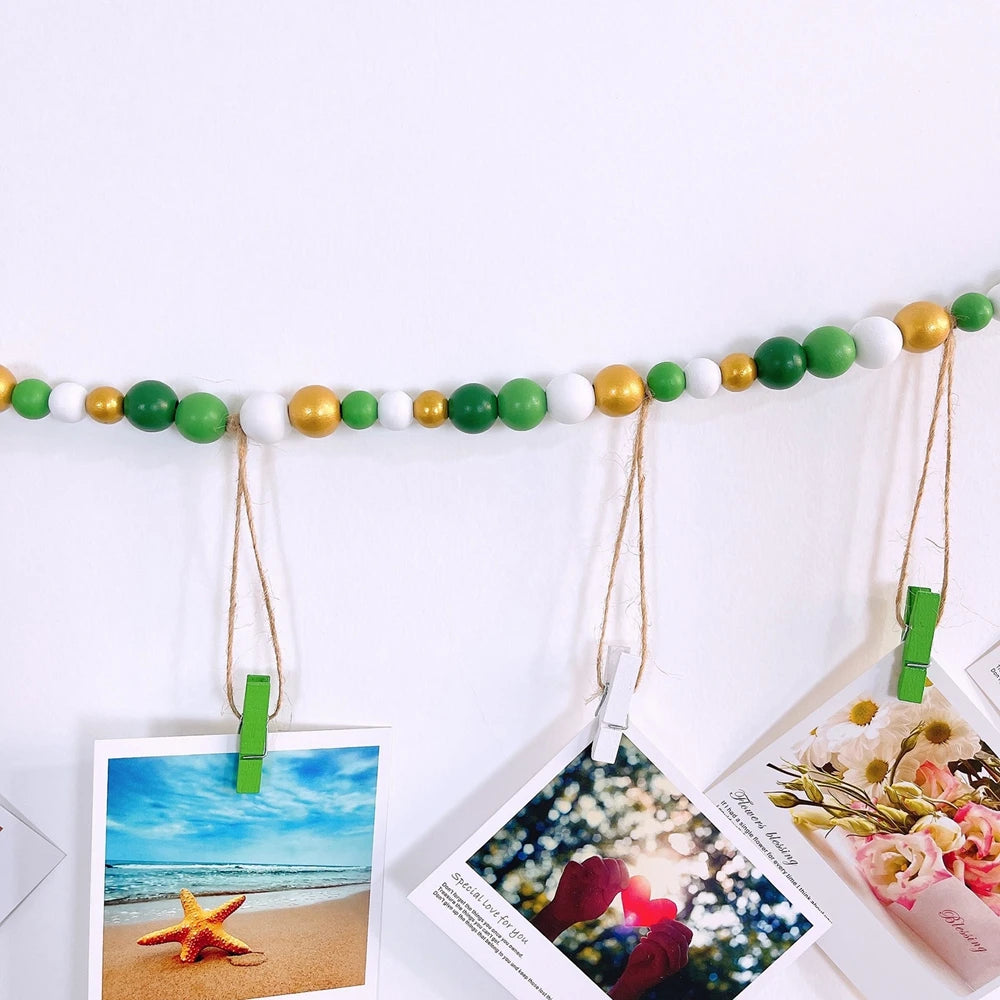 Boho Wall Hanging Photo Display with Wooden Beads & Clips – Rustic Collage Picture Holder Decor