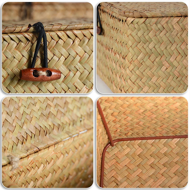 Collage of a woven basket with close-up details on a white background. Handmade seagrass rattan storage box with lid, rectangular woven organizer basket for makeup, jewelry, office, and boho home decor
