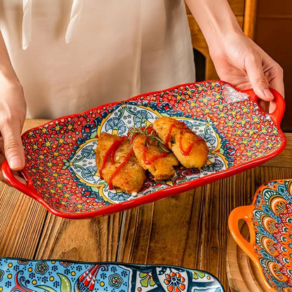 Boho Ceramic Fish Dish with Handle – Rectangular Serving Tray for Oven & Microwave