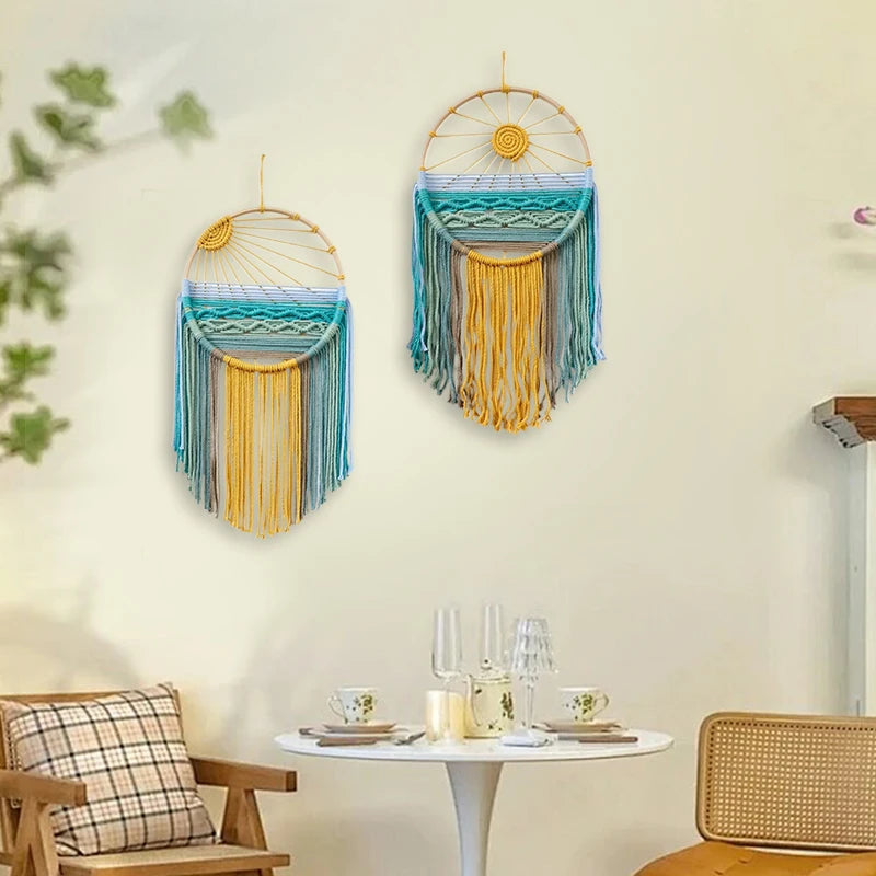 Sunrise & Sunset woven boho wall hanging displayed on wall, Nordic style cotton tapestry featuring warm earthy tones, perfect for boho home decor and eclectic interior design ideas, adds cozy bohemian vibes and textured aesthetic home decor to any living room or bedroom.