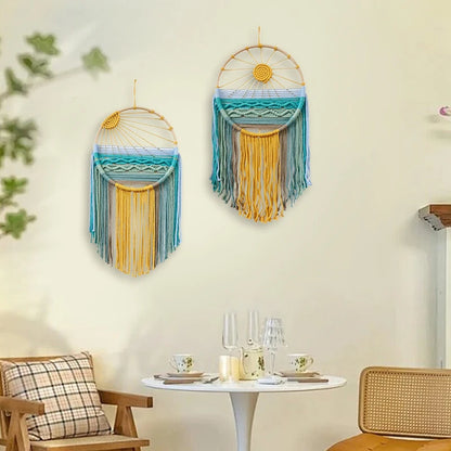 Sunrise & Sunset woven boho wall hanging displayed on wall, Nordic style cotton tapestry featuring warm earthy tones, perfect for boho home decor and eclectic interior design ideas, adds cozy bohemian vibes and textured aesthetic home decor to any living room or bedroom.
