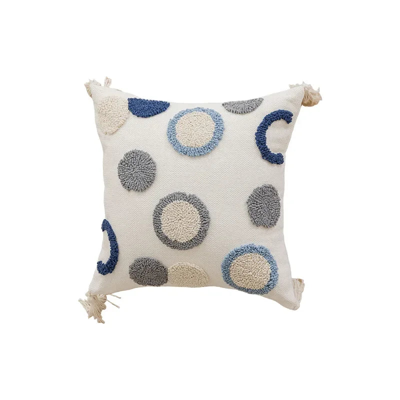 Decorative pillow with circular patterns in blue, gray, and beige on a white background Nordic blue tufted cushion cover with geometric stripe and grid crochet pattern, tassel pillow cover for sofa, bed, and boho home decor