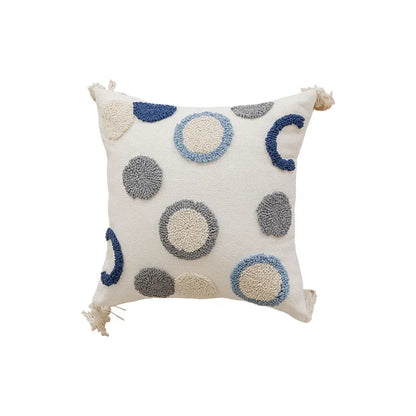 Decorative pillow with circular patterns in blue, gray, and beige on a white background Nordic blue tufted cushion cover with geometric stripe and grid crochet pattern, tassel pillow cover for sofa, bed, and boho home decor
