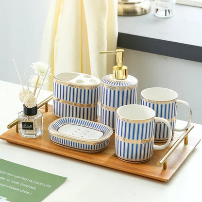 Ivory Porcelain & Gold-Plated Ceramic Bathroom Set – Pink Stripes