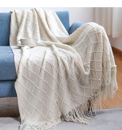White Boho Nordic Knitted Throw Blanket with Tassels – Geometric Diamond Design for Bed, Couch, and Living Room