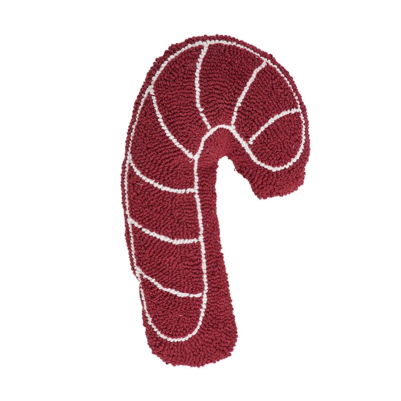 Red and white candy cane-shaped pillow on a white background
