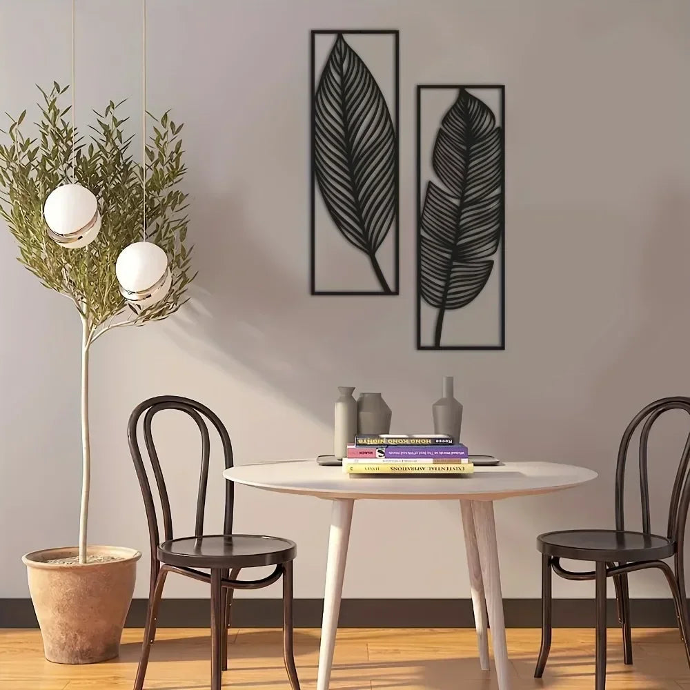 Decorative Leaves Metal Wall Art Set of 2 / 1Pc Surfboard for Home Wall Decor Black Metal Hanging Leaf Boho