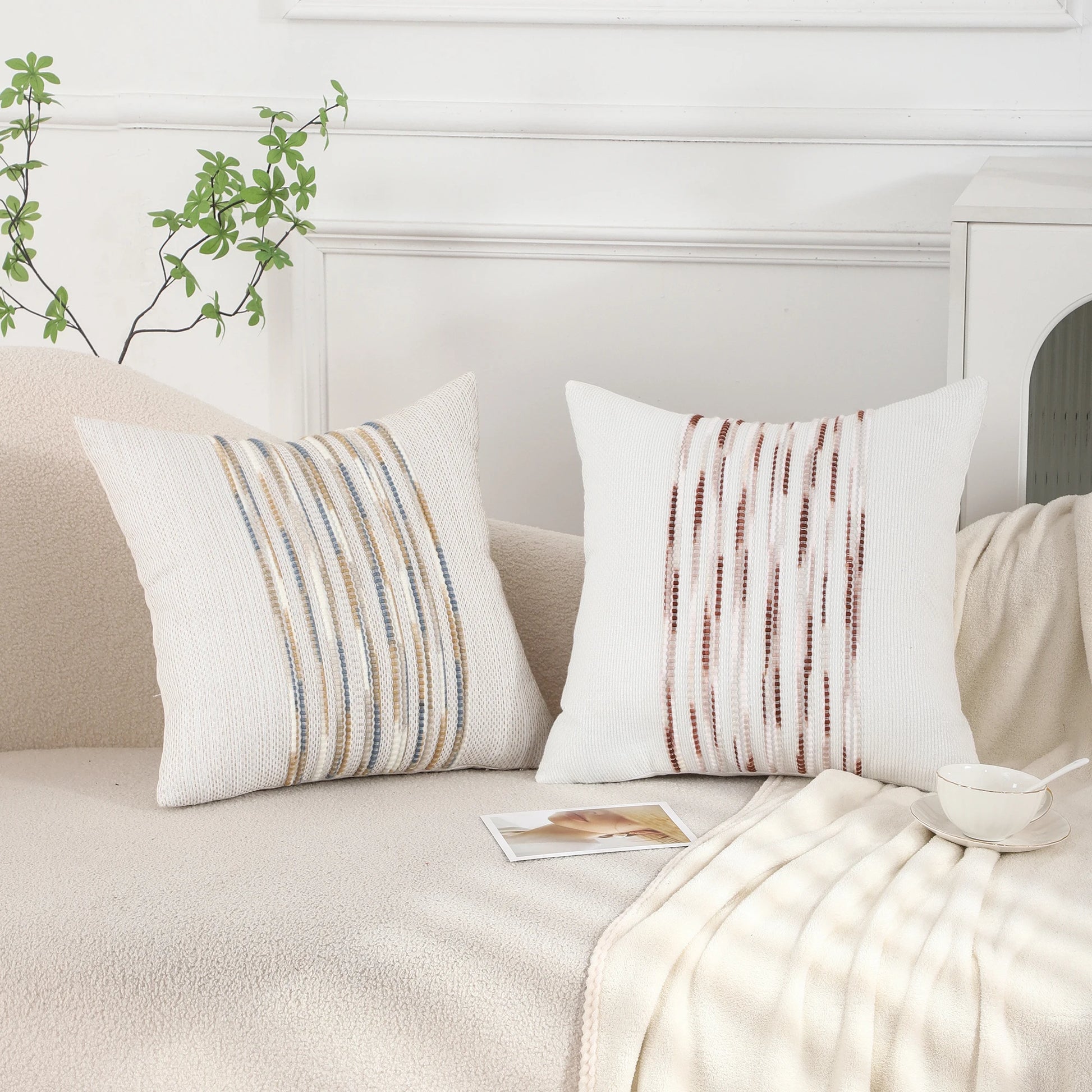 Boho Striped Chenille Throw Pillow Cover – Decorative Square Cushion for Cozy Home Accents