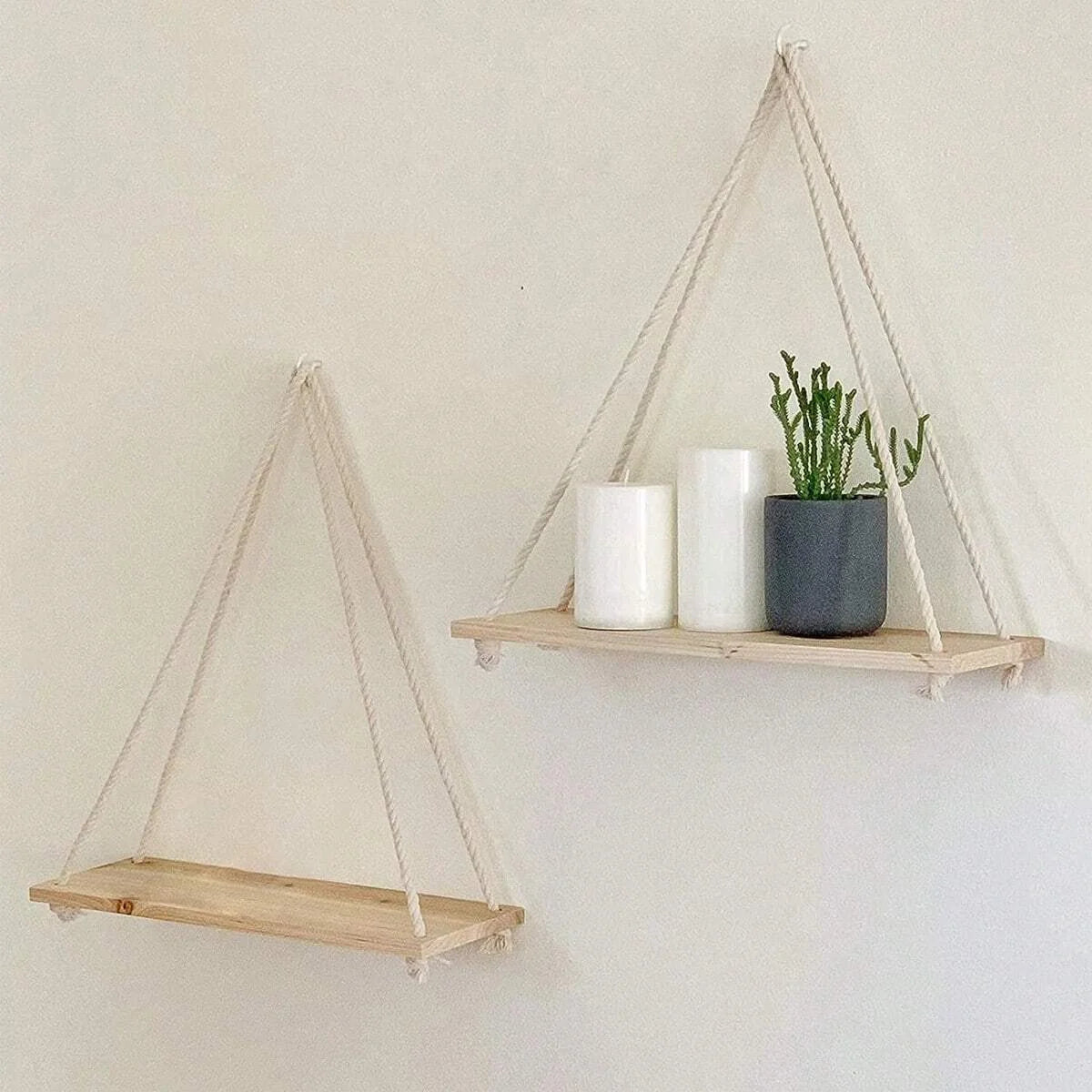 1Pc or 3Pcs Wooden Swing Hanging Hemp Rope Wall Shelf Mounted Floating Home Living Room Plant Flower Pot Tray Storage Garden Decoration Shelves Boho Home Decor Wall Art