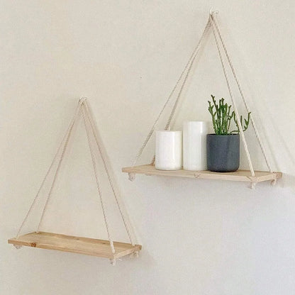 1Pc or 3Pcs Wooden Swing Hanging Hemp Rope Wall Shelf Mounted Floating Home Living Room Plant Flower Pot Tray Storage Garden Decoration Shelves Boho Home Decor Wall Art