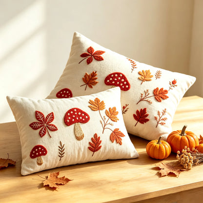 Two cream-colored decorative throw pillows with embroidered autumn leaves, mushrooms, and branches, styled on a wooden table with small pumpkins and fall leaves. Boho fall home decor.