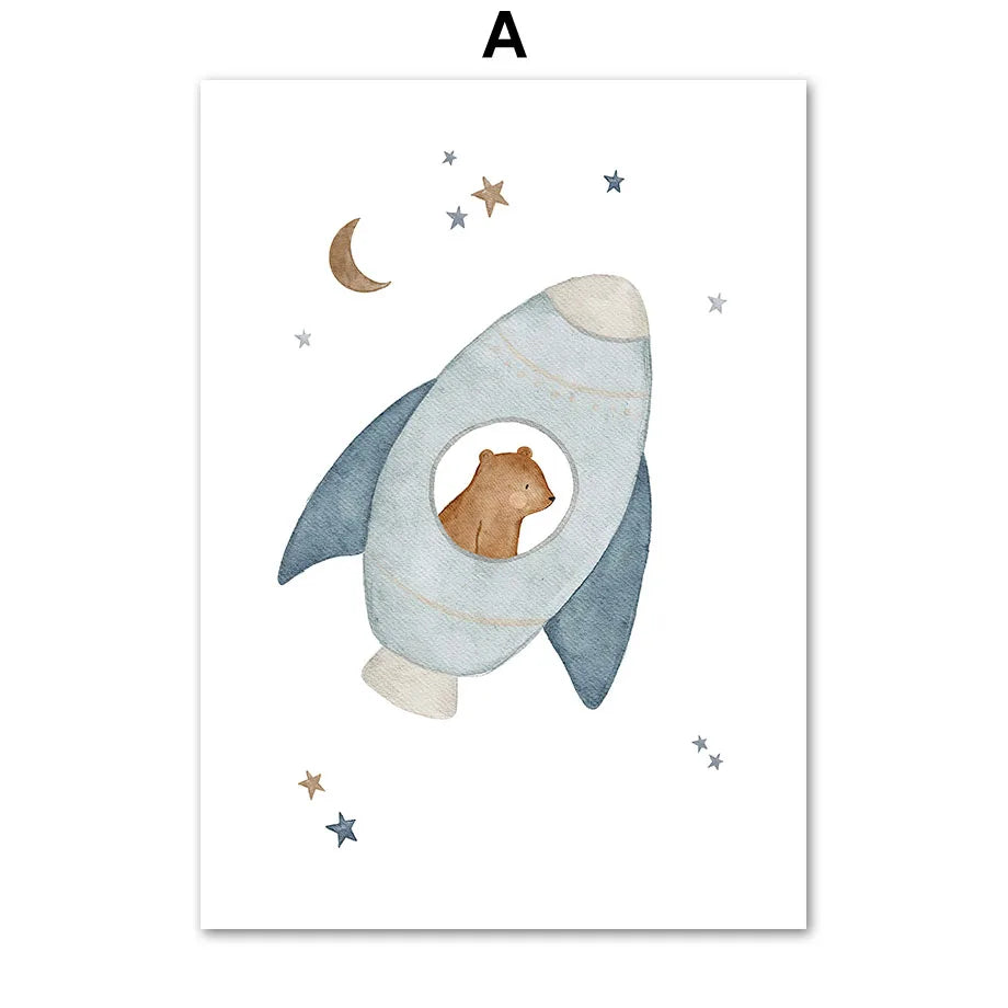 Boho Space Rocket Spaceship Bear Rabbit Hedgehog Bee Flowers Nursery Posters Wall Art Print Canvas Painting Baby Kids Room Home Decoration Sun Rainbow Hot Air Balloon 1Pc