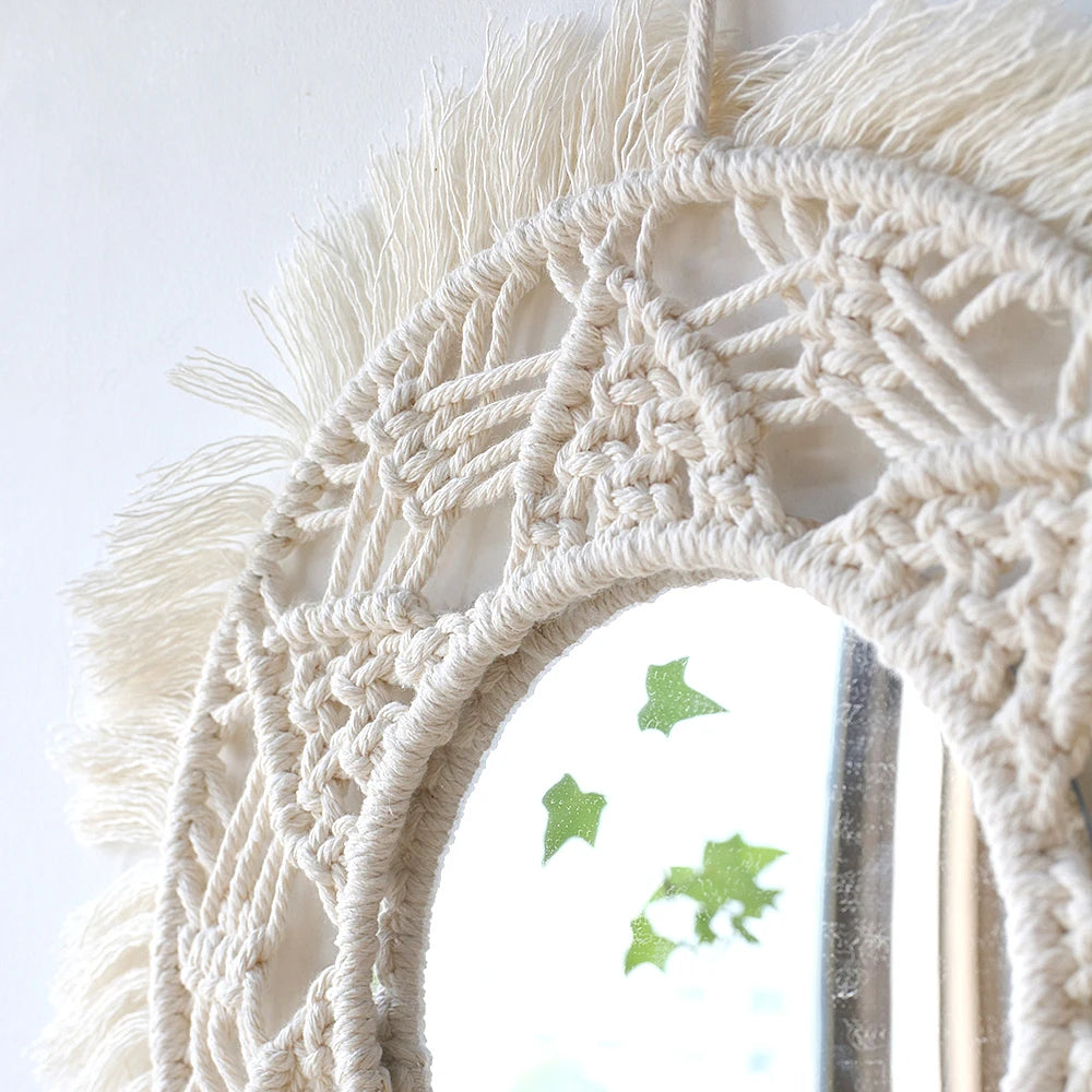 Boho Macrame Round Wall Mirror – Decorative Hanging Mirror for Bedroom & Living Room - Natural Knotted Sun