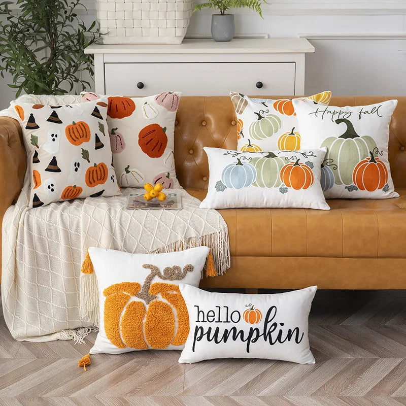 Embroidered Halloween Pumpkin Pillow Cover – Autumn Cushion for Sofa, Office & Home Decor