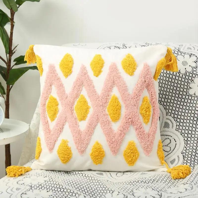 Nordic Geometric Tufted Cushion Cover Cotton Canvas Tassel Pillowcase Living Room Floor Pillow Cover Decorative Sofa Home Decor