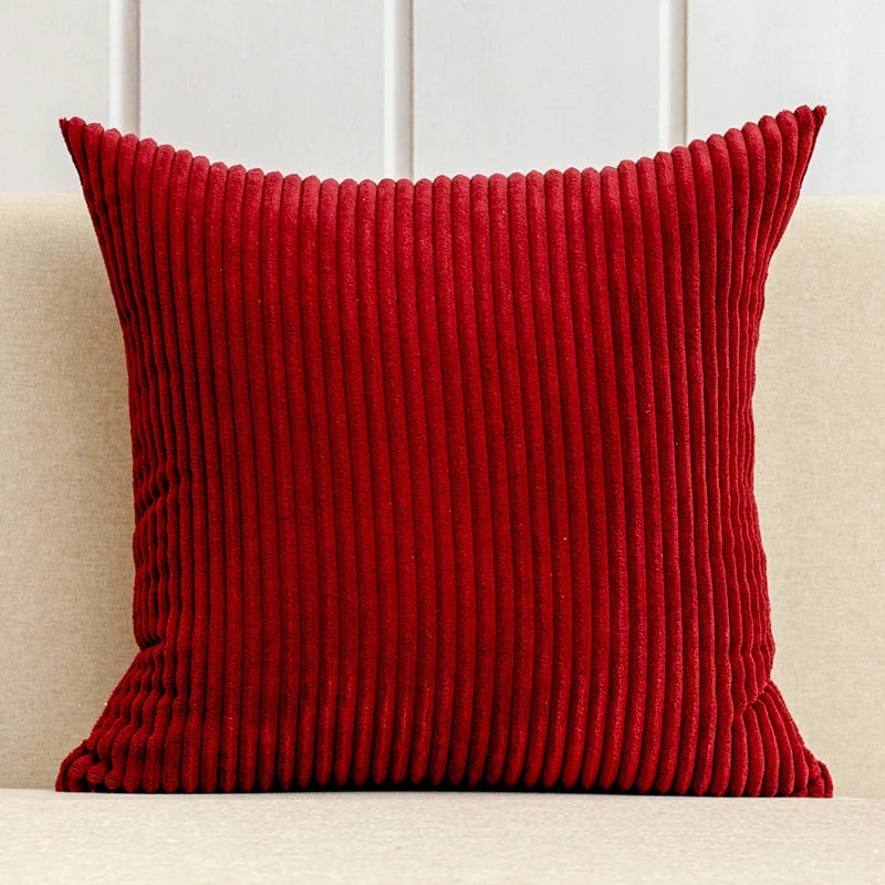 Corduroy Striped Cushion Cover – Soft Boho Throw Pillow Case Red