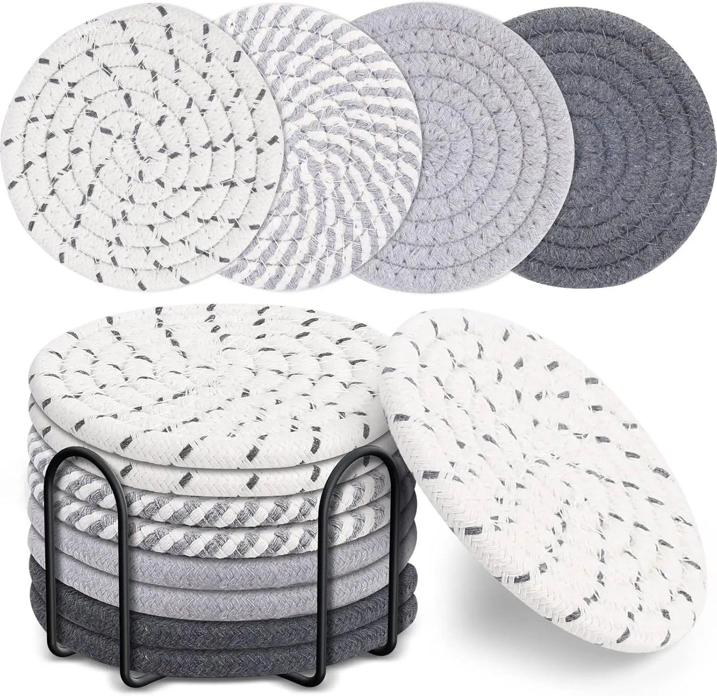 Set of round woven coasters in various patterns and colors on a white background. Set of cotton drink coasters – eco-friendly housewarming gift idea