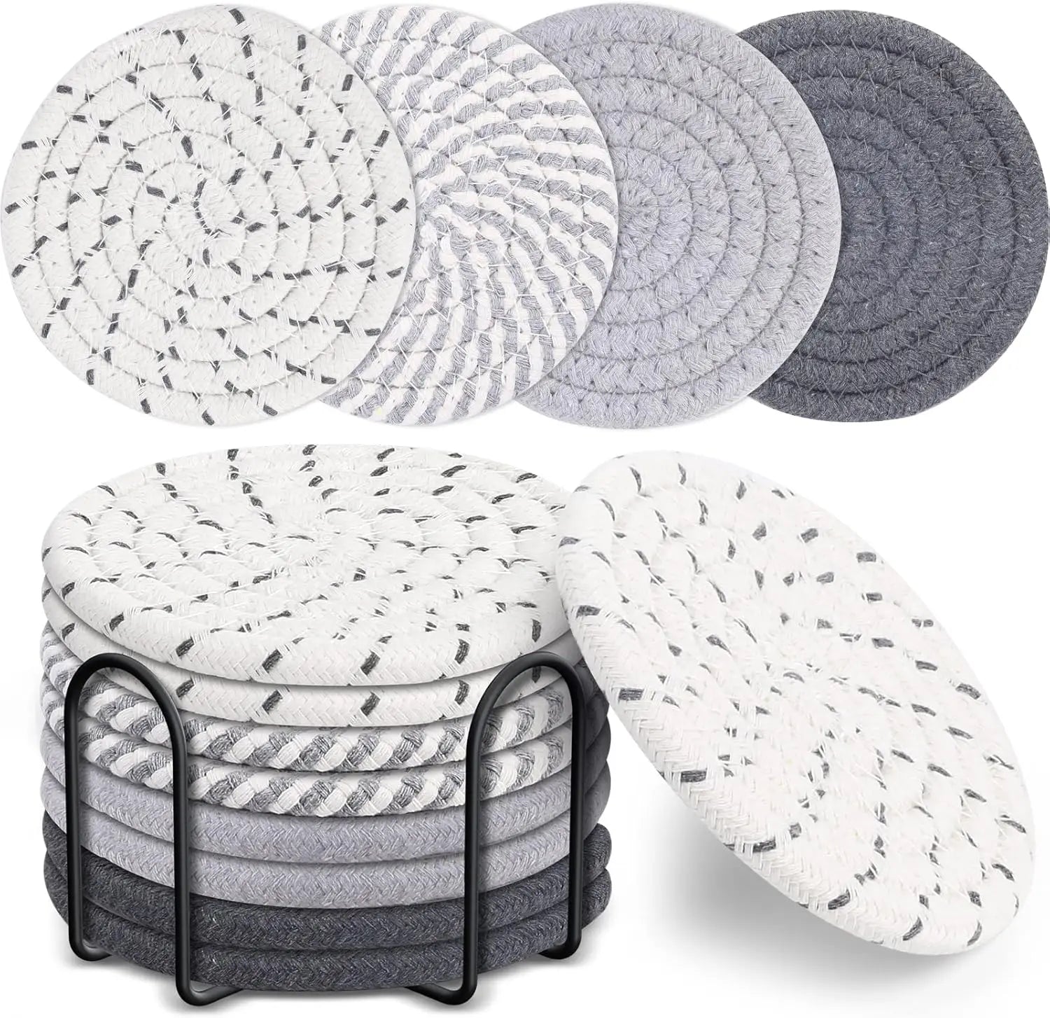 Set of round woven coasters in various patterns and colors on a white background. Set of cotton drink coasters – eco-friendly housewarming gift idea