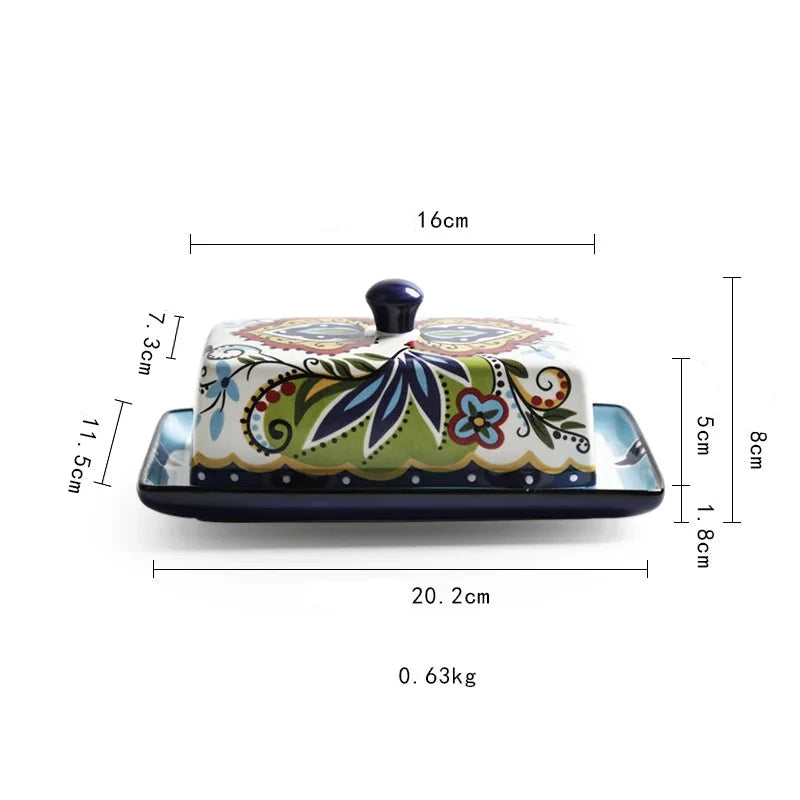 bohemian style floral butter dish with dimensions