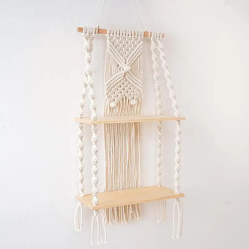 2 Tier Macrame Wall Hanging Floating Shelf Natural Cotton Rope Boho Home Decor Wooden Shelves Candle Holder Hangings Shelving