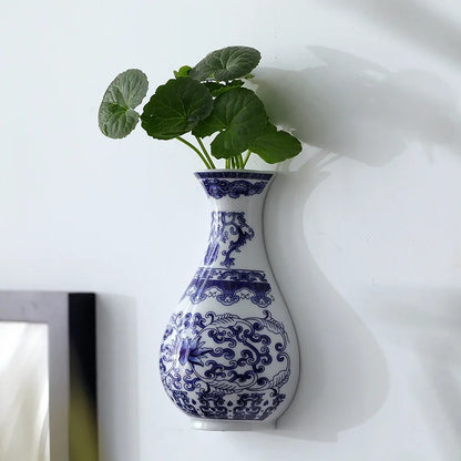 Antique Blue & White Ceramic Wall Vase – Post-Modern Hanging Porcelain Flower Pot