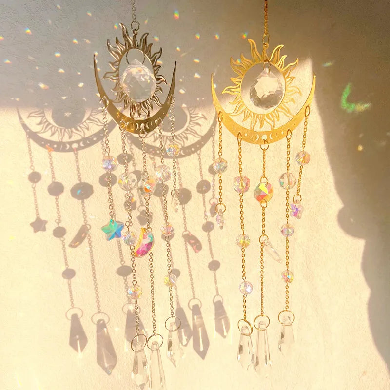 ✨ Gold Flame Moon Crystal Suncatcher – Outdoor Hanging Ornament for Garden & Window Decor