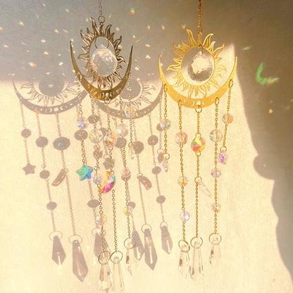 ✨ Gold Flame Moon Crystal Suncatcher – Outdoor Hanging Ornament for Garden & Window Decor