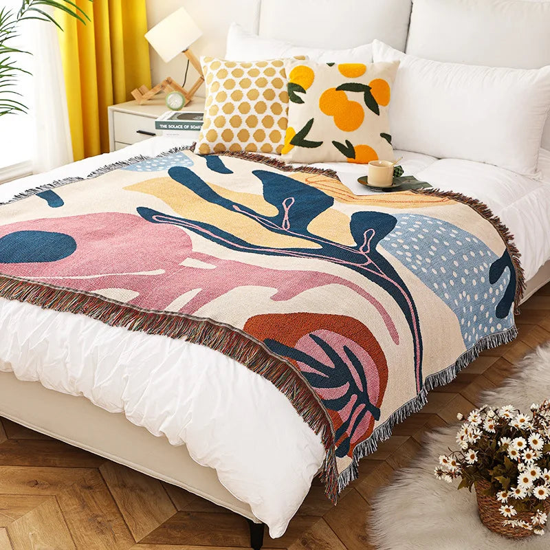 Boho Tassel Throw Blanket Abstract Plants