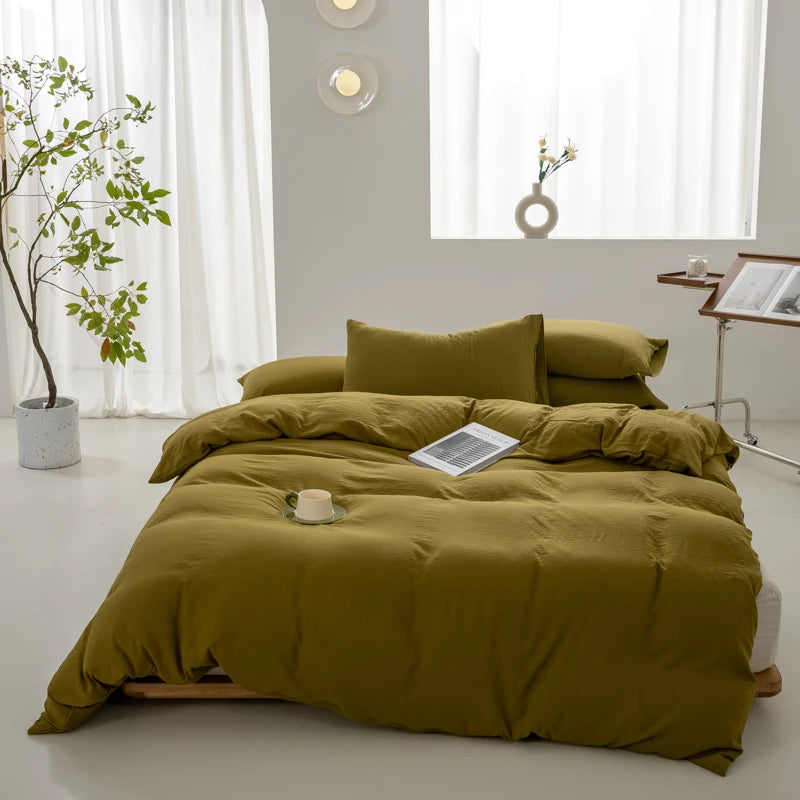 Green Boho Minimalist Washed Cotton Duvet Cover – Soft, Breathable & Cozy Quilt Cover for Home 