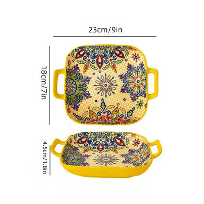 Boho Double-Ear Ceramic Pasta & Salad Plate – Square Oven-Safe Serving Dish