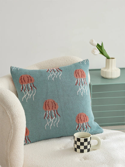 Elegant Jellyfish Embroidered Cotton Throw Pillow Cover – Ocean-Inspired Boho Home Decor Accent