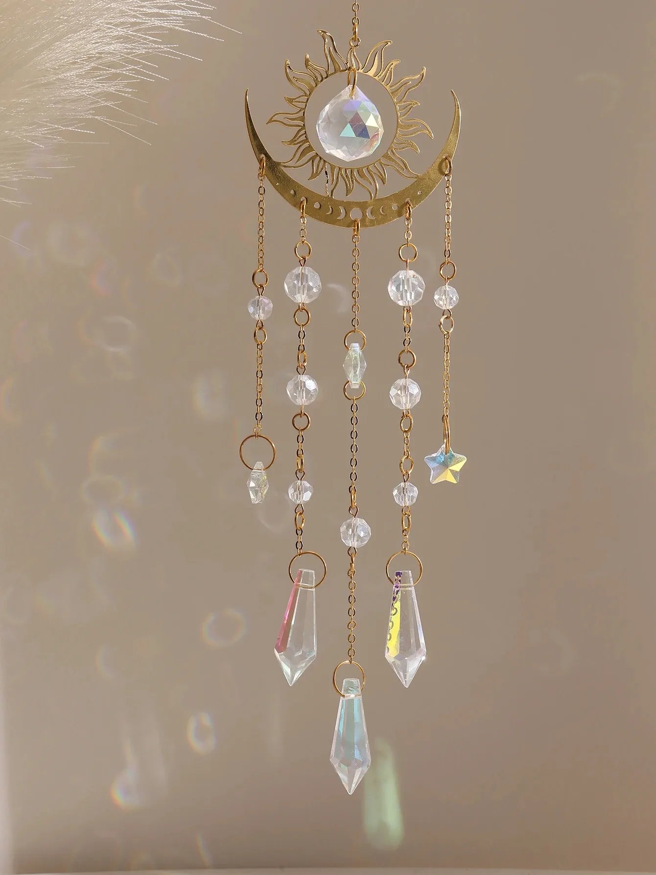 ✨ Gold Flame Moon Crystal Suncatcher – Outdoor Hanging Ornament for Garden & Window Decor