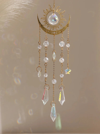✨ Gold Flame Moon Crystal Suncatcher – Outdoor Hanging Ornament for Garden & Window Decor