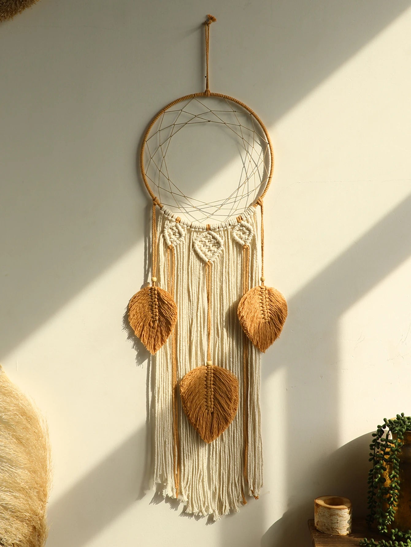 Boho Macrame Dream Catcher with Leaf Design – Handmade Tapestry Wall Hanging for Bedroom Decor