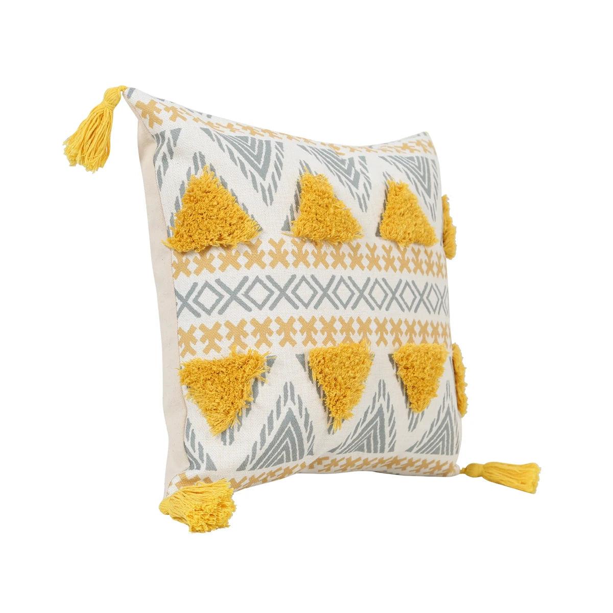 Yellow Geometric Tufted Throw Pillow Cover with Tassels – 18x18in Boho Home Decor Accent for Couch, Sofa & Bed Housewarming Gift