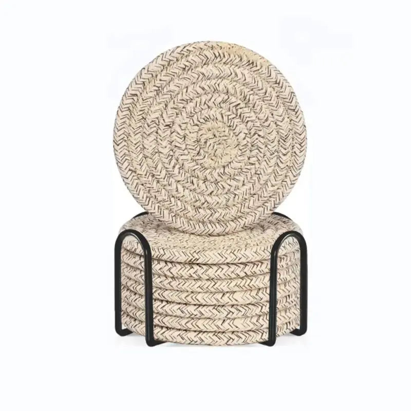 Close-up of textured cotton drink coaster showing woven detail – perfect for coffee tables