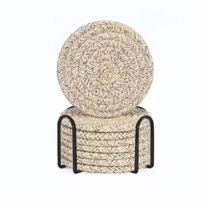 Close-up of textured cotton drink coaster showing woven detail – perfect for coffee tables